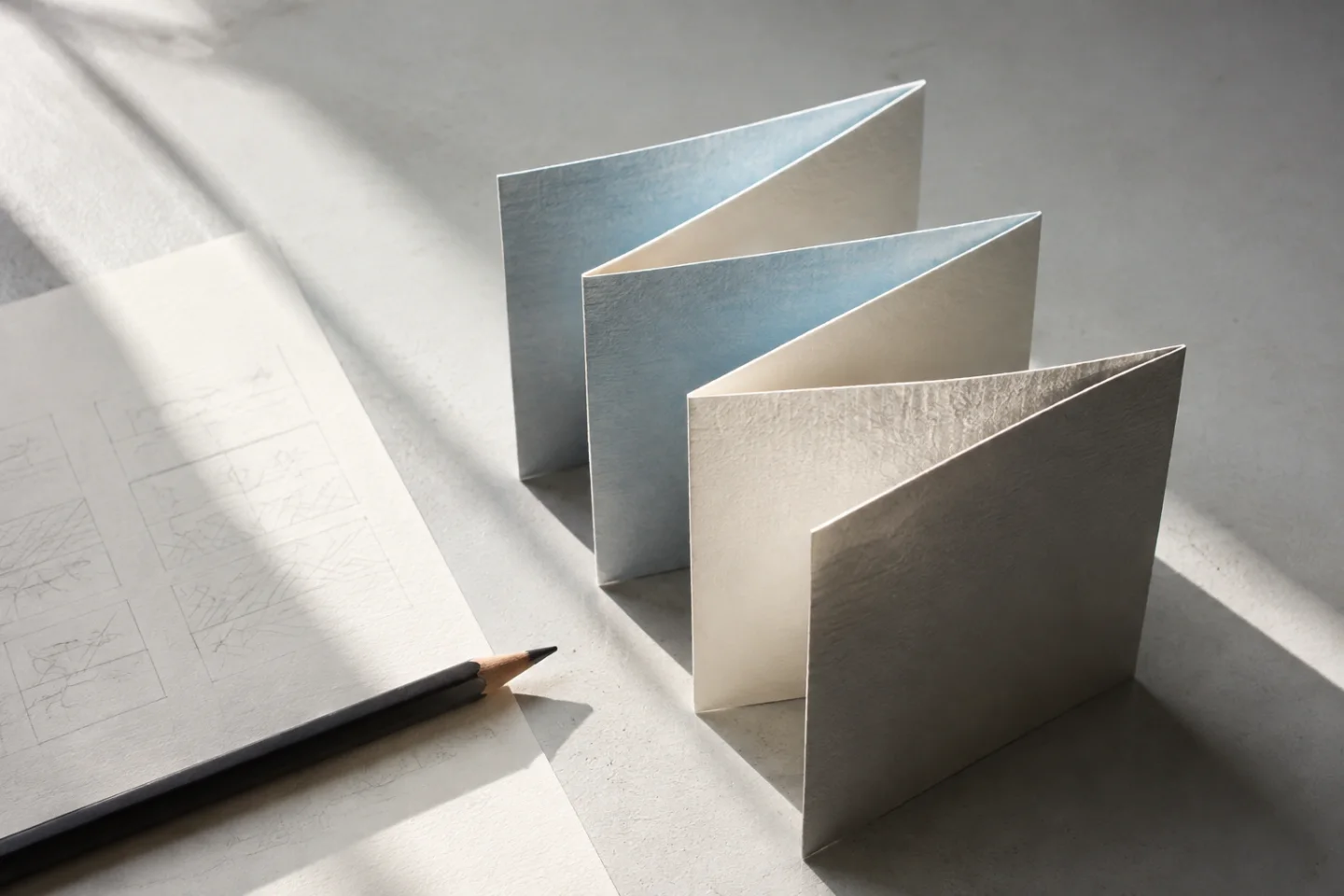 Folded off-white textured paper standing in a zigzag on a pale desk, with a graphite pencil and faint layout sketches in window light.